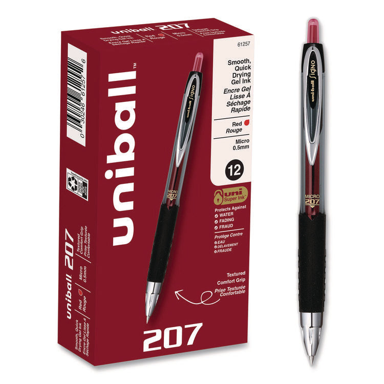 Signo 207 Gel Pen, Retractable, Fine 0.5 mm, Red Ink, Smoke/Black/Red Barrel, Dozen