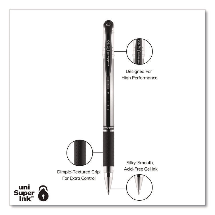Signo GRIP Gel Pen, Stick, Medium 0.7 mm, Black Ink, Clear/Black/Silver Barrel, Dozen