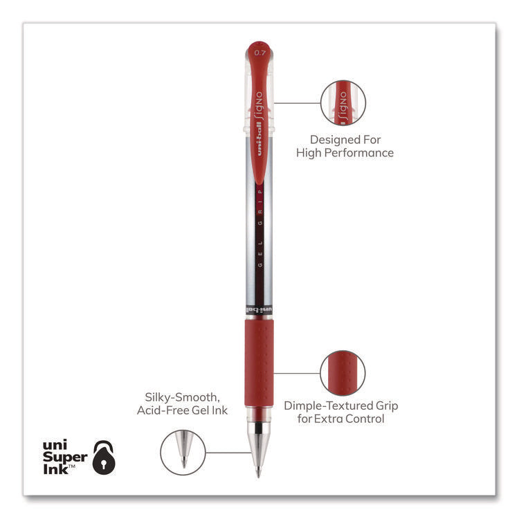 Signo GRIP Gel Pen, Stick, Medium 0.7 mm, Red Ink, Clear/Red/Silver Barrel, Dozen