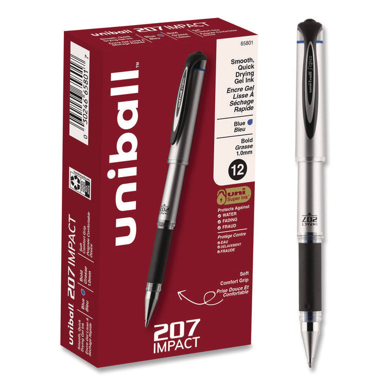 207 Impact Gel Pen, Stick, Bold 1 mm, Blue Ink, Silver/Black/Blue Barrel