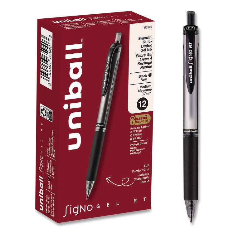 Signo Gel Pen, Retractable, Medium 0.7 mm, Black Ink, Silver/Black Barrel, Dozen