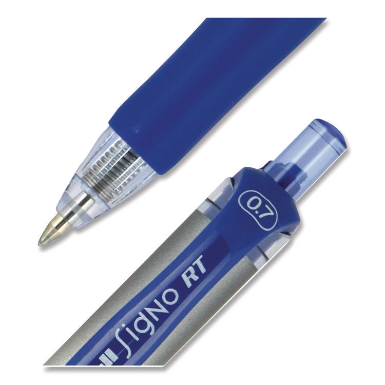 Signo Gel Pen, Retractable, Medium 0.7 mm, Blue Ink, Silver/Blue Barrel, Dozen