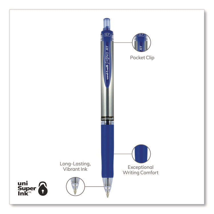 Signo Gel Pen, Retractable, Medium 0.7 mm, Blue Ink, Silver/Blue Barrel, Dozen