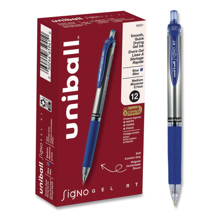 Signo Gel Pen, Retractable, Medium 0.7 mm, Blue Ink, Silver/Blue Barrel, Dozen
