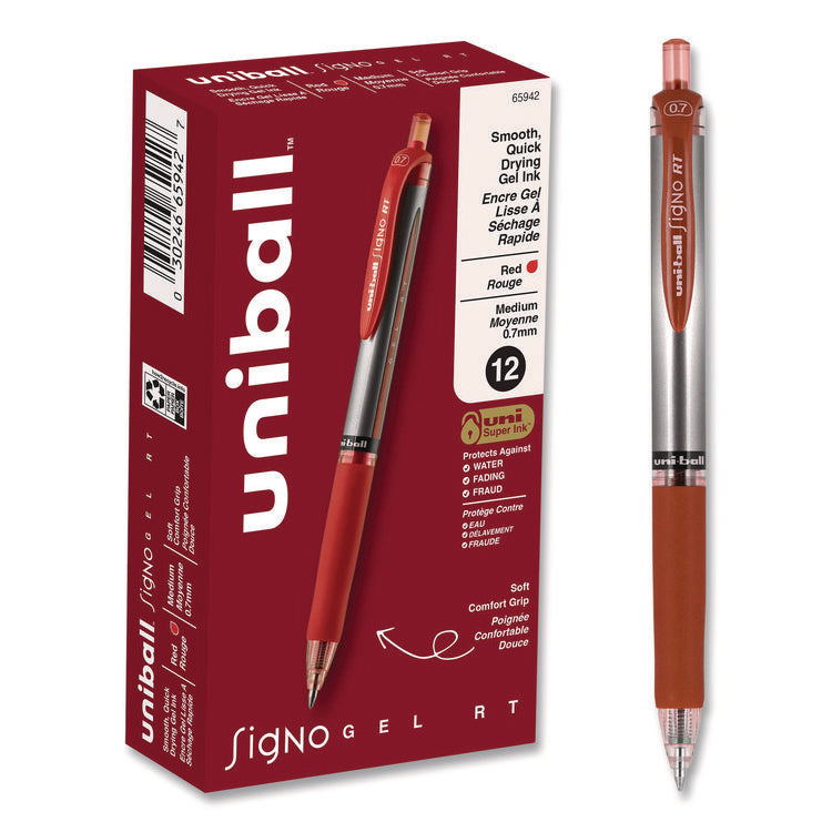 Signo Gel Pen, Retractable, Medium 0.7 mm, Red Ink, Silver/Red Barrel, Dozen