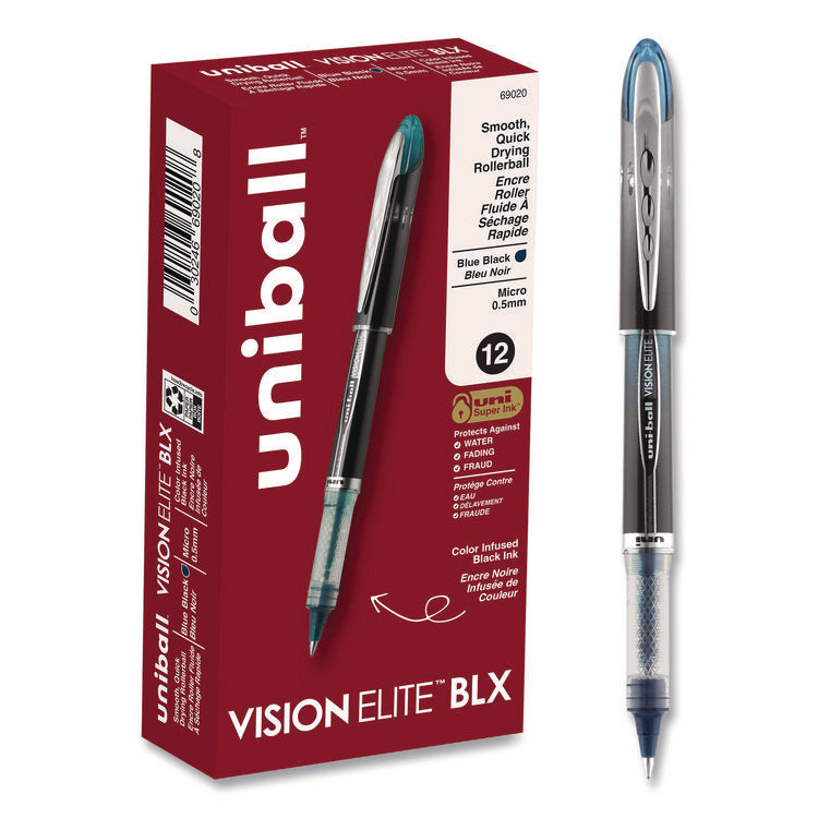 VISION ELITE BLX Series Hybrid Gel Pen, Stick, Extra-Fine 0.5 mm, Blue-Infused Black Ink, Gray/Blue/Clear Barrel