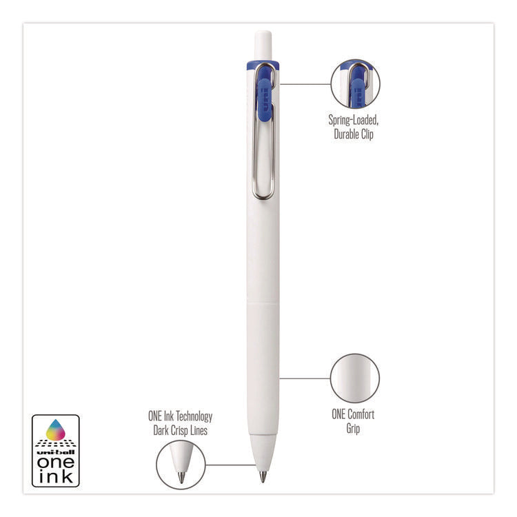 uniONE Gel Pen, Retractable, Medium 0.7 mm, Blue Ink, White/Blue Barrel, Dozen