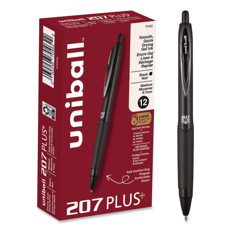 207 Plus+ Gel Pen, Retractable, Medium 0.7 mm, Black Ink, Black Barrel, Dozen