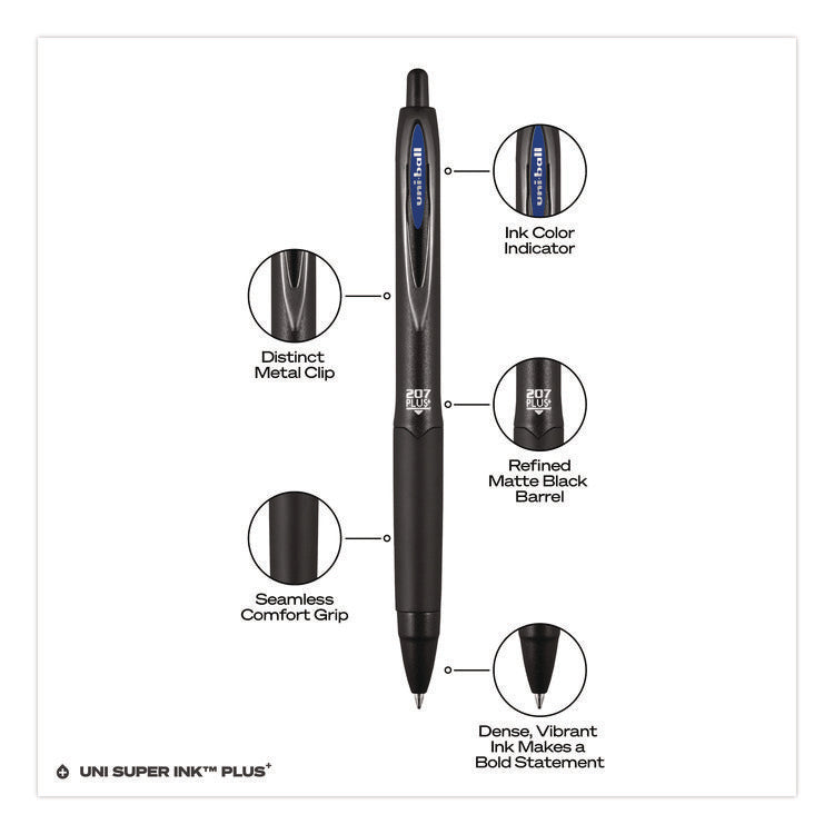 207 Plus+ Gel Pen, Retractable, Medium 0.7 mm, Blue Ink, Black Barrel, Dozen
