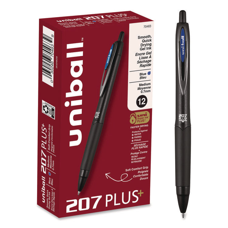 207 Plus+ Gel Pen, Retractable, Medium 0.7 mm, Blue Ink, Black Barrel, Dozen