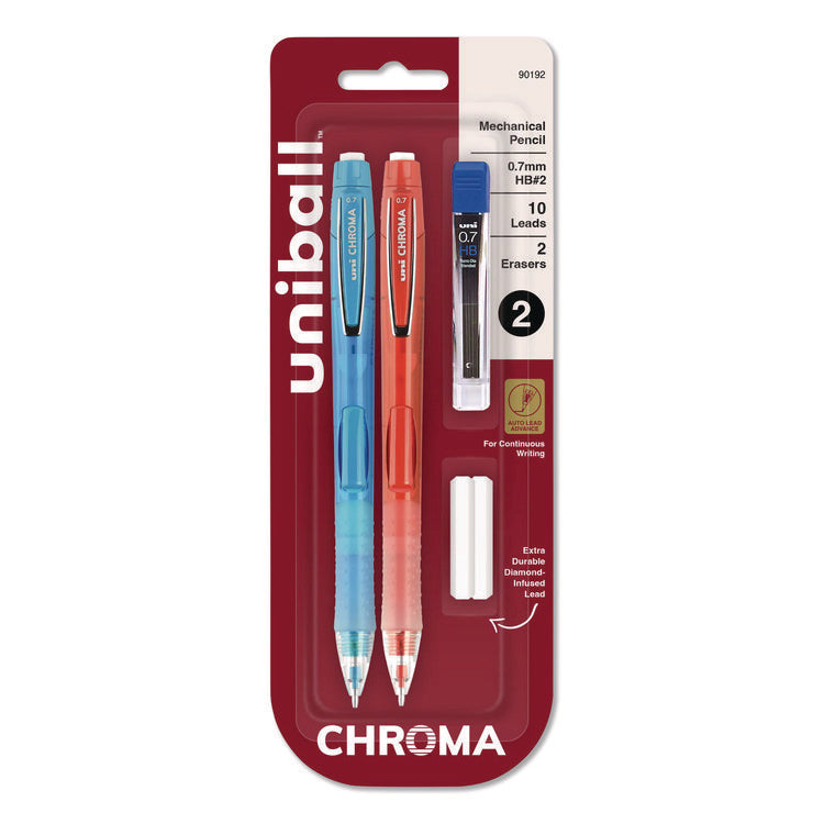 Chroma Mechanical Pencils with Tube of Lead/Erasers, 0.7 mm, HB (#2), Black Lead, Assorted Barrel Colors, 2/Pack