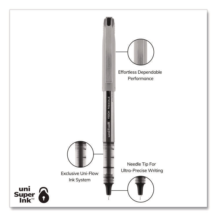 VISION Needle Rollerball Pen, Stick, Fine 0.7 mm, Black Ink, Gray/Clear/Black Barrel, Dozen