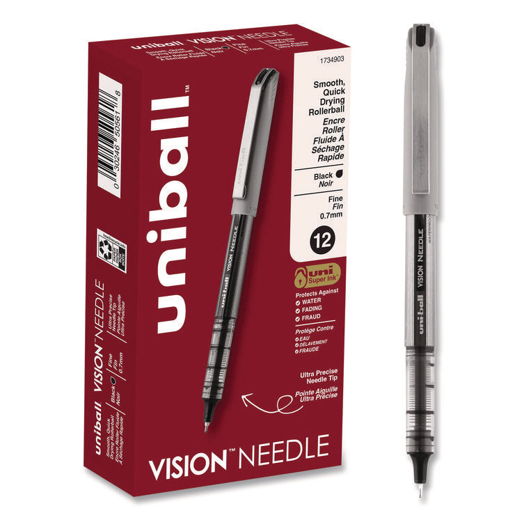VISION Needle Rollerball Pen, Stick, Fine 0.7 mm, Black Ink, Gray/Clear/Black Barrel, Dozen