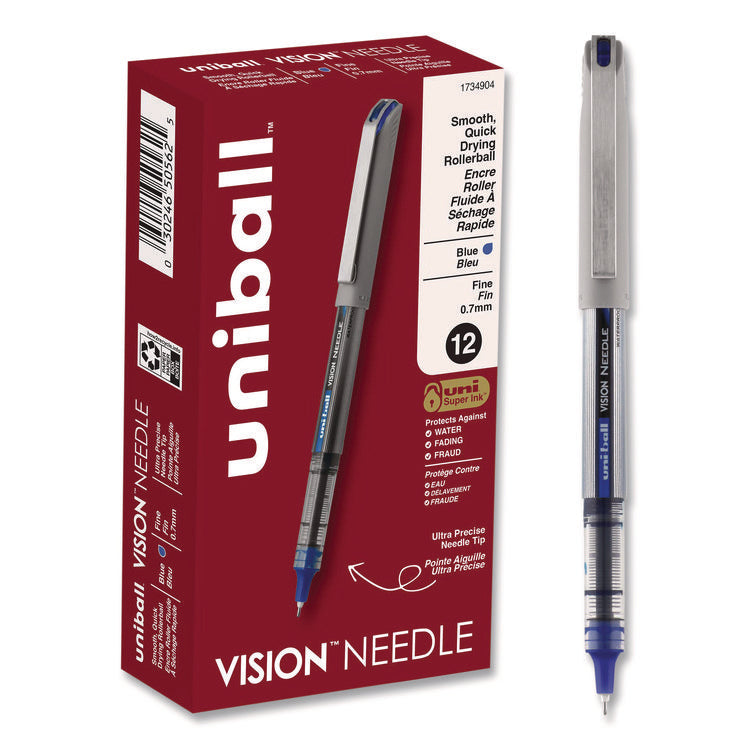 VISION Needle Rollerball Pen, Stick, Fine 0.7 mm, Blue Ink, Gray/Clear/Blue Barrel, Dozen