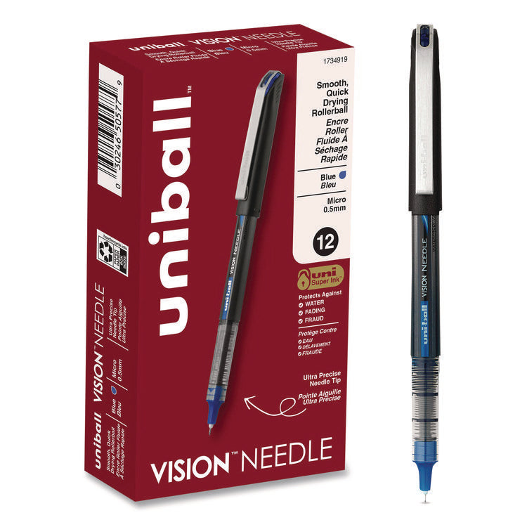 VISION Rollerball Pen, Stick, Extra-Fine 0.5 mm, Blue Ink, Black/Blue/Clear Barrel, 12/Pack