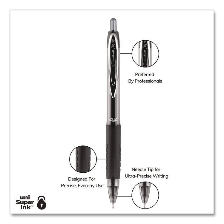 Signo 207 Needle Point Gel Pen, Retractable, Medium 0.7 mm, Black Ink, Clear/Black Barrel, Dozen