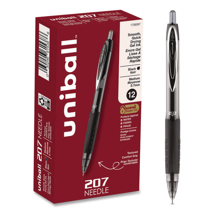Signo 207 Needle Point Gel Pen, Retractable, Medium 0.7 mm, Black Ink, Clear/Black Barrel, Dozen