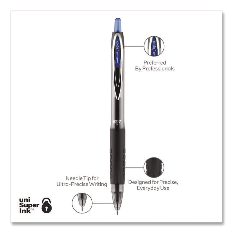 Signo 207 Needle Point Gel Pen, Retractable, Medium 0.7 mm, Blue Ink, Clear/Black/Blue Barrel, Dozen