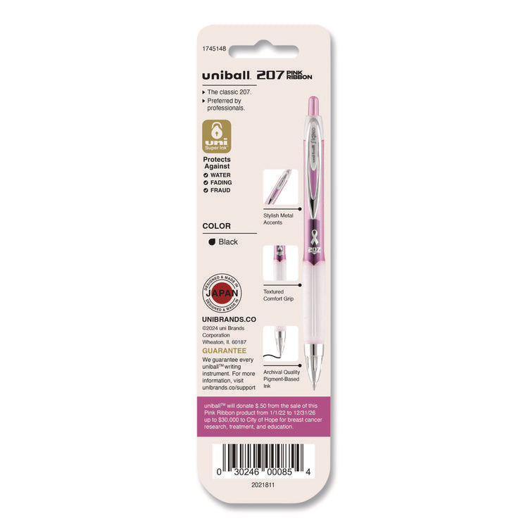 Signo 207 Breast Cancer Awareness Gel Pen, Retractable, Medium 0.7 mm, Black Ink, Translucent Pink/White Barrel, 2/Pack