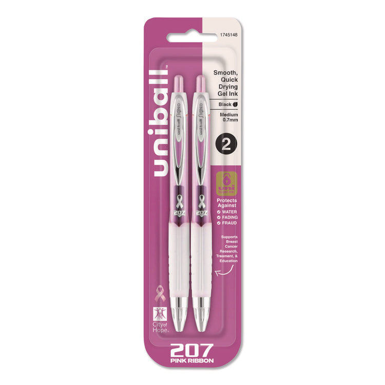 Signo 207 Breast Cancer Awareness Gel Pen, Retractable, Medium 0.7 mm, Black Ink, Translucent Pink/White Barrel, 2/Pack