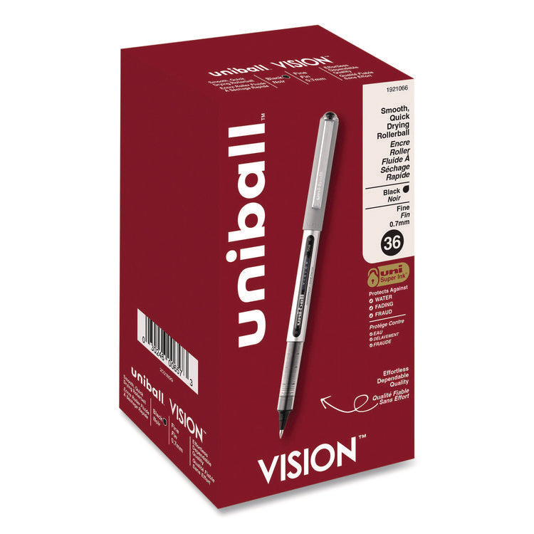 VISION Rollerball Pen, Stick, Fine 0.7 mm, Black Ink, Silver/Black/Clear Barrel, 36/Pack