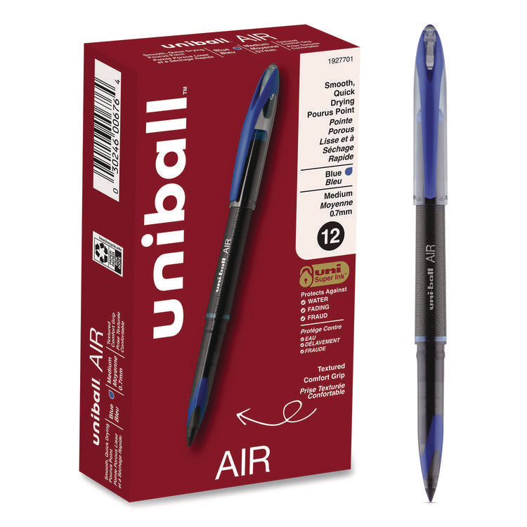AIR Porous Rollerball Pen, Stick, Medium 0.7 mm, Blue Ink, Black/Blue Barrel, Dozen