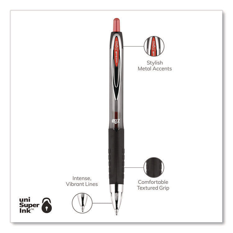 Signo 207 Gel Pen, Retractable, Medium 0.7 Mm, Red Ink, Smoke/black/red Barrel, Dozen