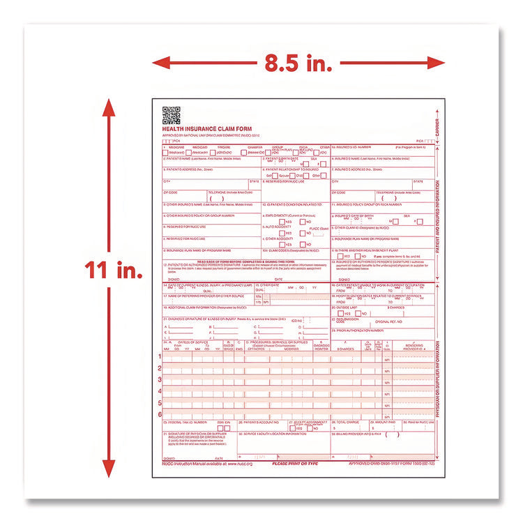 CMS-1500 Health Insurance Claim Form, One-Part (No Copies), 8.5 x 11, 250 Forms Total