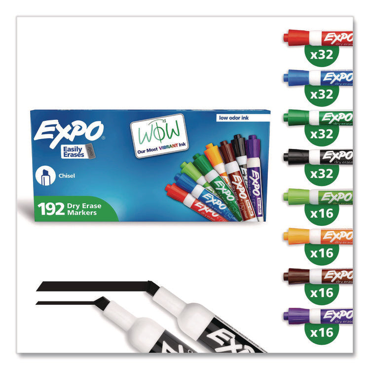Low-Odor Dry Erase Marker Office Value Pack, Broad Chisel Tip, Assorted Colors, 192/pack