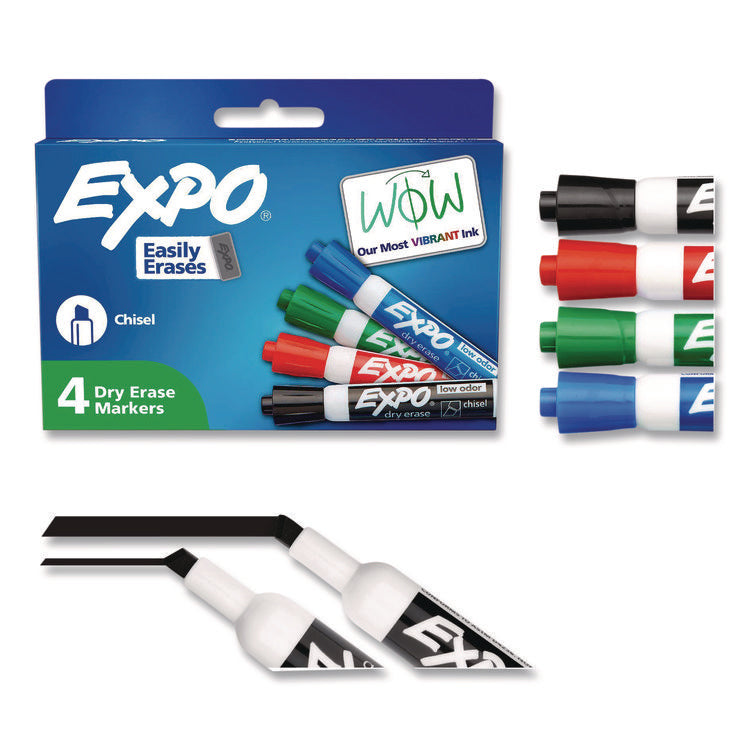Low-Odor Dry-Erase Marker, Broad Chisel Tip, Assorted Colors, 4/Set