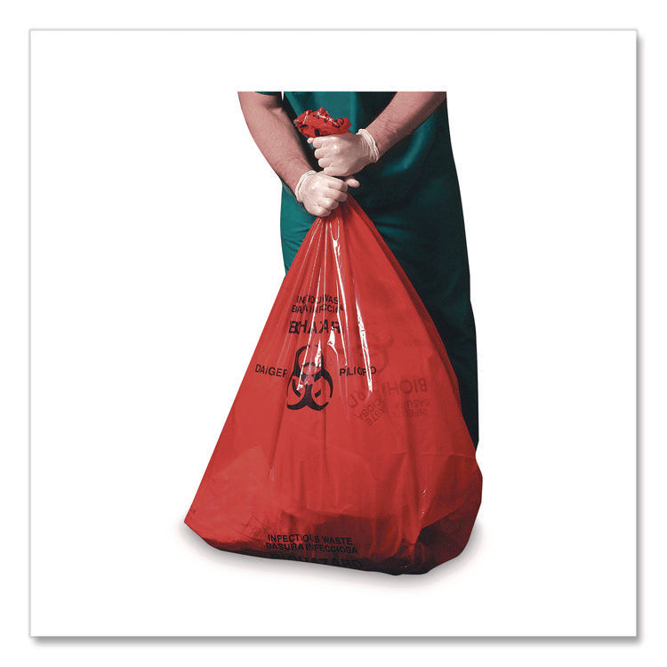 Healthcare Pre-Printed High-Density Can Liners, Biohazard: Infectious Waste, 45 gal, 16 mic, 40 x 48, Red, Flat Pack, 250/CT