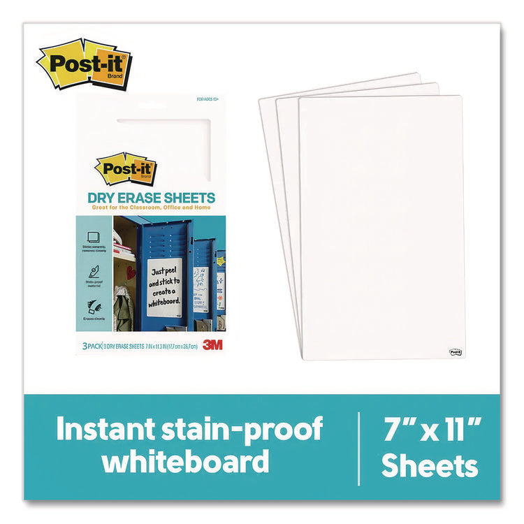 Dry Erase Sheets, Laminate Film Surface, 7" x 11.3", White, 3/Pack
