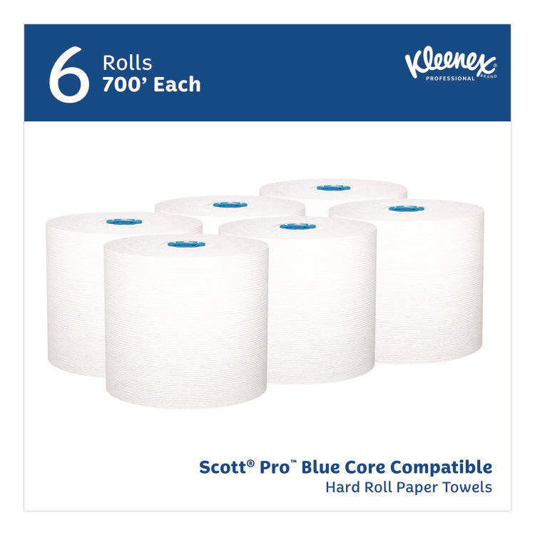 Hard Roll Paper Towels with Premium Absorbency Pockets with Colored Core, Blue Core, 1-Ply, 7.5" x 700 ft, White, 6 Rolls/CT