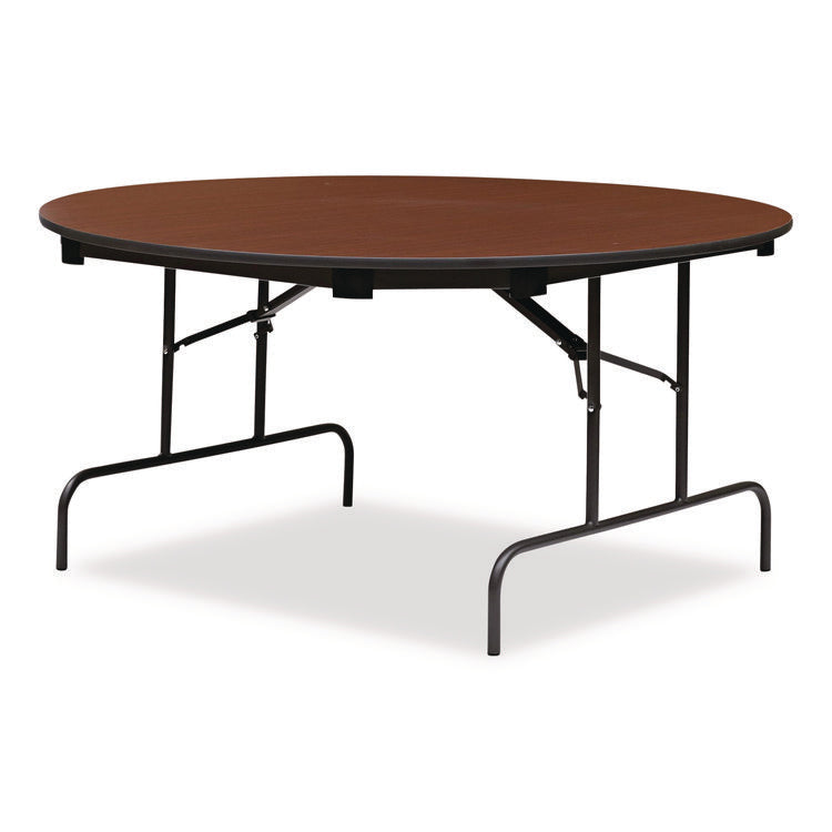 OfficeWorks Wood Folding Table, Round, 60" x 29", Mahogany Top, Gray Base