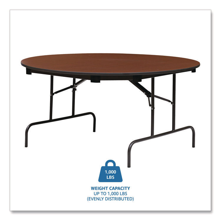 OfficeWorks Wood Folding Table, Round, 60" x 29", Mahogany Top, Gray Base