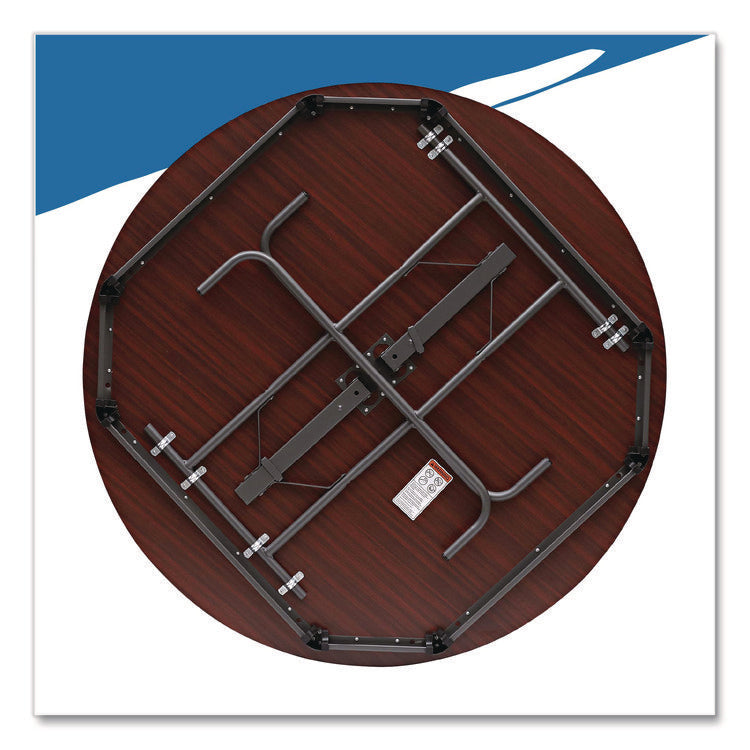 OfficeWorks Wood Folding Table, Round, 60" x 29", Mahogany Top, Gray Base