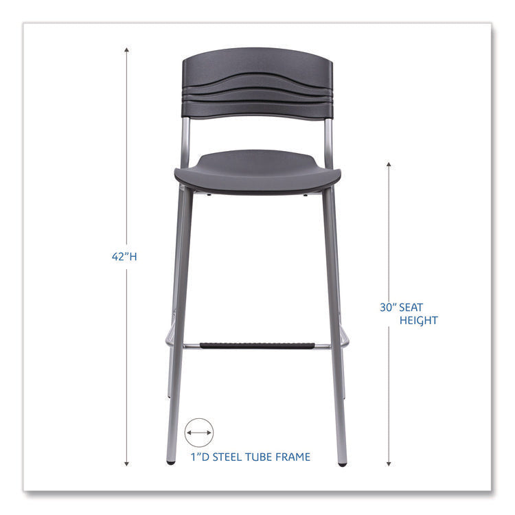 CafeWorks Stool, Supports Up to 225 lb, 30" Seat Height, Graphite Seat, Graphite Back, Silver Base