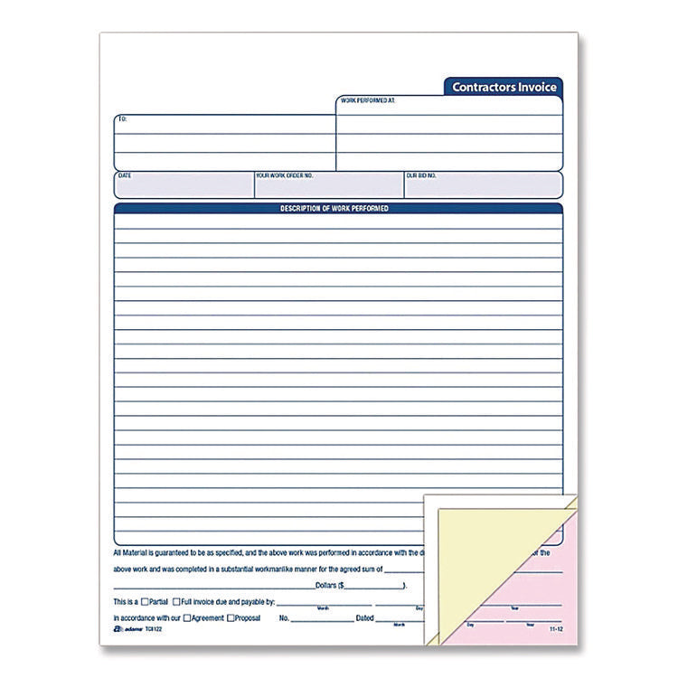 Multipart Contractors Invoice Pad, Three-Part Carbonless, 8.34 x 10.84, 50 Forms Total
