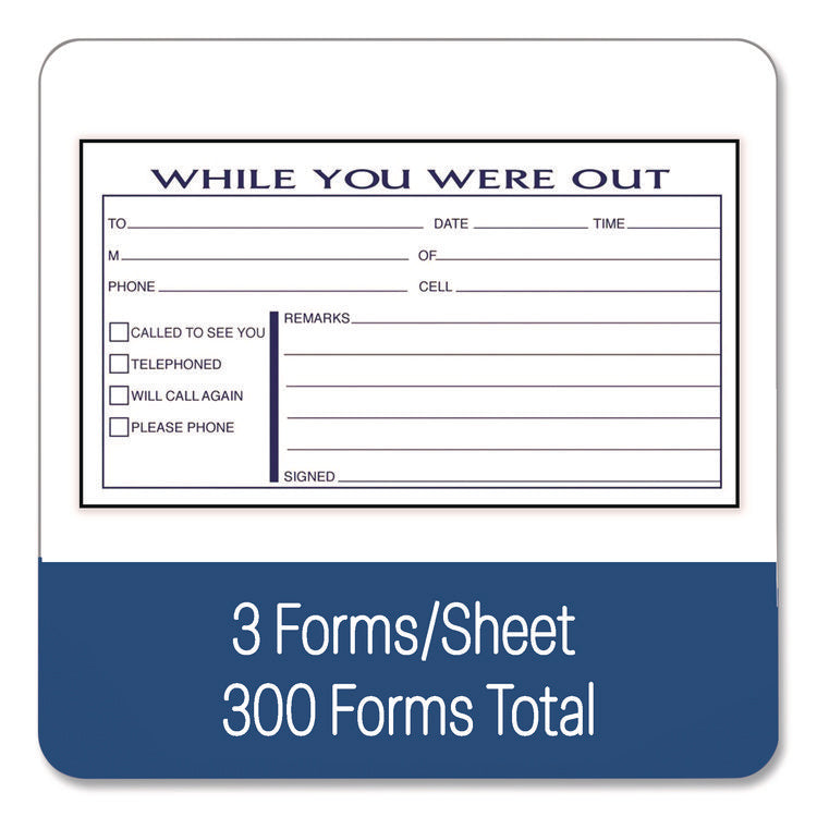 While You Were Out Messages Book, Two-Part Carbonless, 5 x 2.83, 3 Forms/Sheet, 300 Forms Total