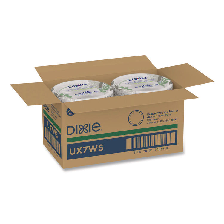 Pathways Soak-Proof Shield Mediumweight Paper Plates, WiseSize, 6.87" dia, Green/Burgundy, 125/Pack