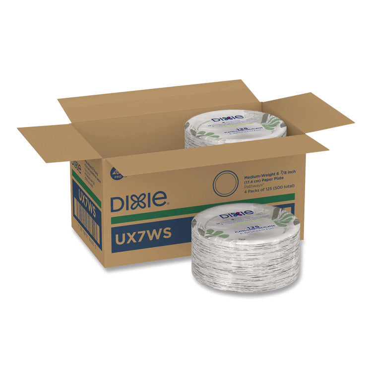 Pathways Soak-Proof Shield Mediumweight Paper Plates, WiseSize, 6.87" dia, Green/Burgundy, 125/Pack