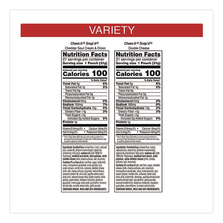 Snap'd Crackers Variety Pack, Cheddar Sour Cream And Onion; Double Cheese, 0.75 Oz Bag, 42/carton