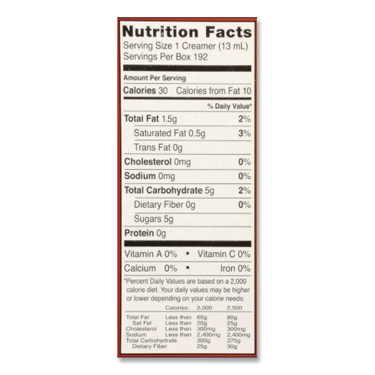 Flavored Liquid Non-Dairy Coffee Creamer, Hazelnut, 0.44 oz Mini Cups, 192 Cups/Carton