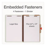 Four-Section Pressboard Classification Folders, 2" Expansion, 1 Divider, 4 Fasteners, Legal Size, Light Green, 10/Box