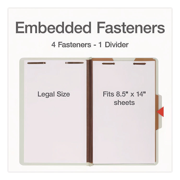 Four-Section Pressboard Classification Folders, 2" Expansion, 1 Divider, 4 Fasteners, Legal Size, Light Green, 10/Box