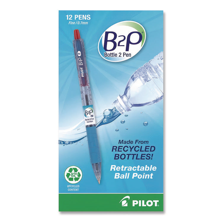 B2p Bottle-2-Pen Recycled Ballpoint Pen, Retractable, Fine 0.7 Mm, Red Ink, Translucent Blue Barrel, Dozen