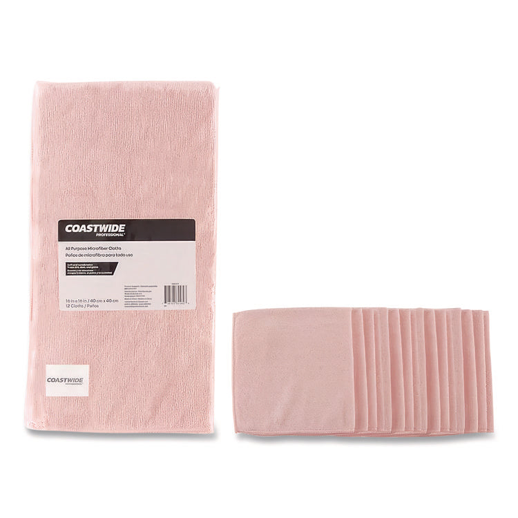 Premium Weight Microfiber Dry Cloths, 16 X 16, Pink, 12/pack