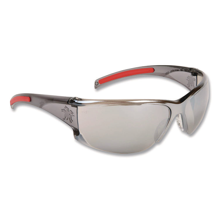 HK1 Series Safety Glasses, Wraparound, Scratch-Resistant, Silver Mirror Lens, Smoke/Red Frame