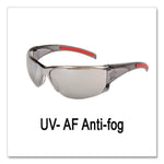 HK1 Series Safety Glasses, Wraparound, Scratch-Resistant, Silver Mirror Lens, Smoke/Red Frame