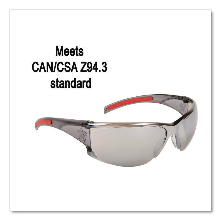HK1 Series Safety Glasses, Wraparound, Scratch-Resistant, Silver Mirror Lens, Smoke/Red Frame